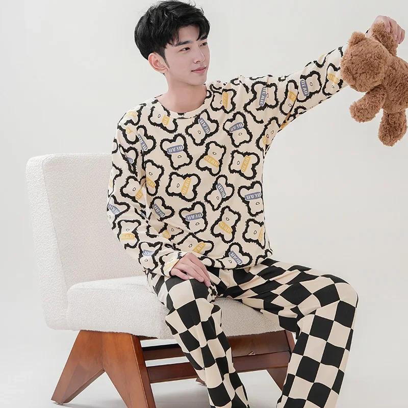 Милый пижамный комплект с рисунком панды для мужчин, хлопковый осенний комплект с длинными рукавами и круглым вырезом, ночная рубашка для осени и весны, домашняя одежда для мужчин