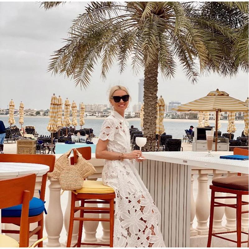 Women's White Hollow Flower Lace Dress 2025 Spring/Summer Short Sleeved Single Breasted Shirt Dress