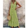 Women'S Spring And Summer Bohemian Maxi Dresses, Solid Color V-neck Sleeveless Pleated Hem Smoked Long Dress