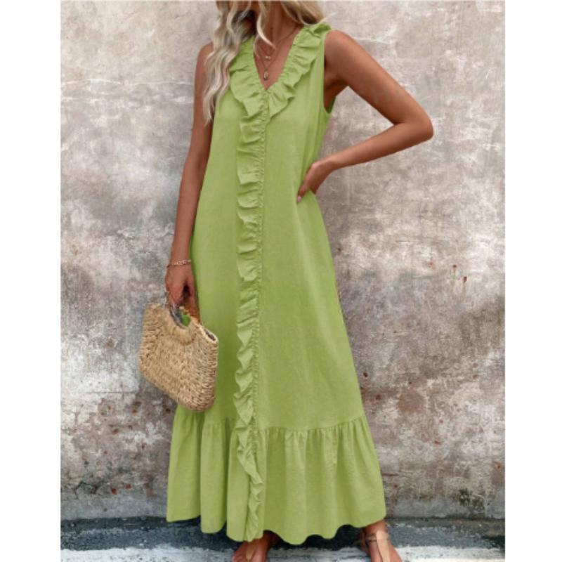 Women'S Spring And Summer Bohemian Maxi Dresses, Solid Color V-neck Sleeveless Pleated Hem Smoked Long Dress