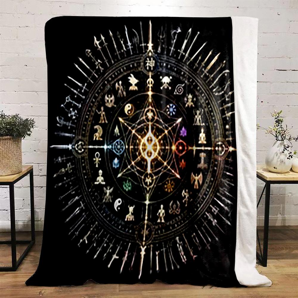 Mystical Symbol Circle with Weapon Motifs printed Flannel blanket for bedroom, living room, sofa, and nap