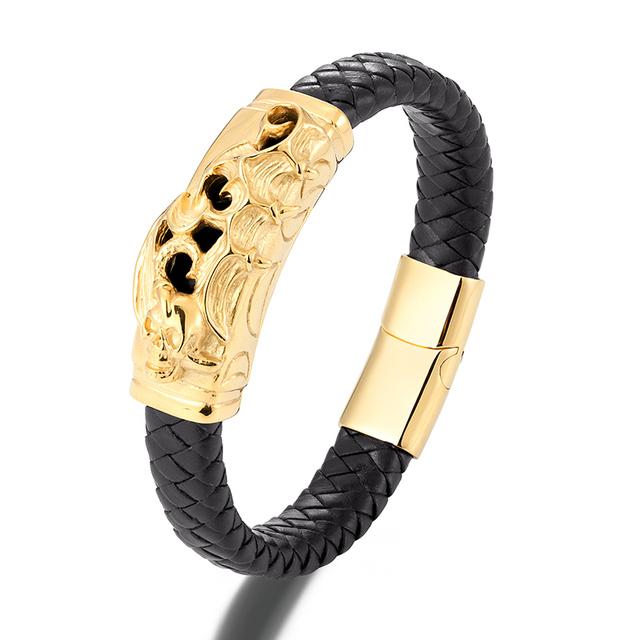 Мужской браслет в стиле панк с магнитной пряжкой, золотые браслеты с черепом, аксессуары из коровьей кожи, браслеты с подвесками, ювелирные изделия из нержавеющей стали, подарки