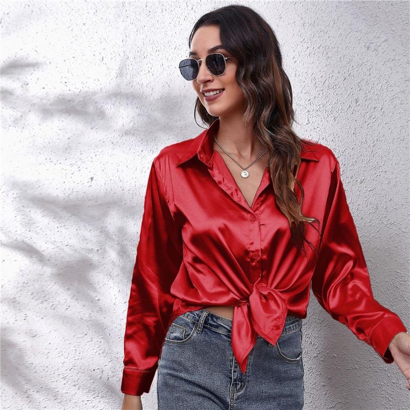 Women's Satin Blouse Long Sleeve V Neck Casual Button Down Shirt