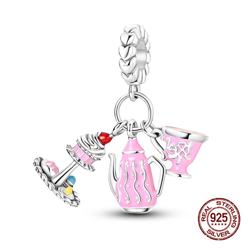 Real 925 Sterling Silver Chocolate Pizza Cake Fries Food Charms Beads Fit 925 Original Bracelets DIY Cute Jewelry Gifts