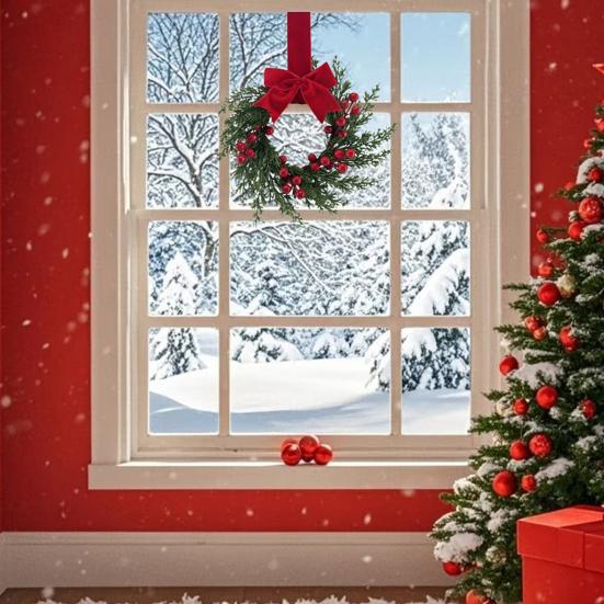 Artificial Christmas Wreath for Front Door 10 Inch Winter Greenery Wreath with Red Berries And Velvet Bow for Holiday Farmhouse Indoor Outdoor Porch