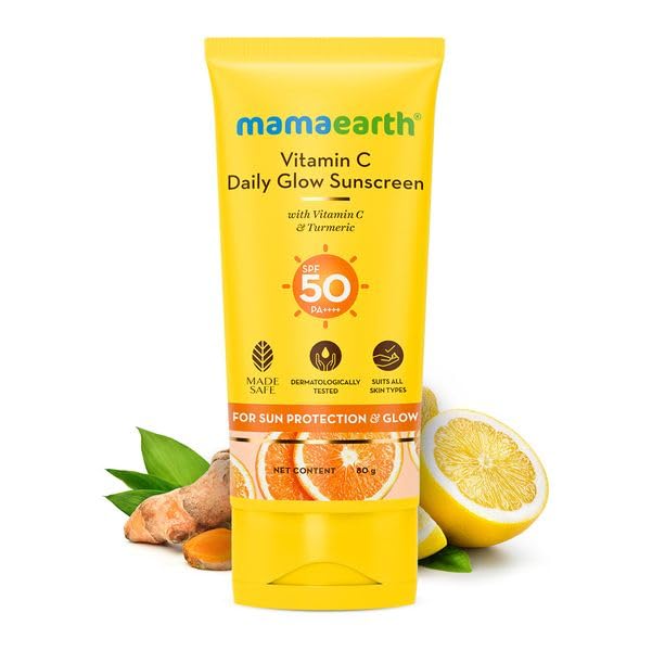 Mamaearth Солнцезащитный крем с витамином С и куркумой SPF 50 PA++++ – 2 упаковки по 80 г, Не оставляет белых следов, Легкий, Осветляет кожу, Защита от загара, Для всех типов кожи
