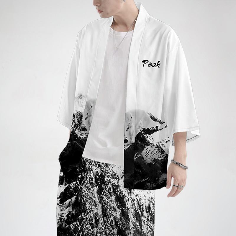 Мужское летнее кимоно в китайском стиле с буквенным принтом, куртка, топ, брюки, верхняя одежда, повседневные свободные белые модные комплекты