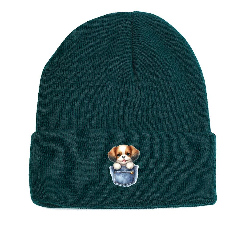 Cartoon Dog Pocket Warm Knitted Cap Beanie, Animal Woman Cap Cozy Candy Color Solid Color Pompom Beanies Knit Hat Beanie