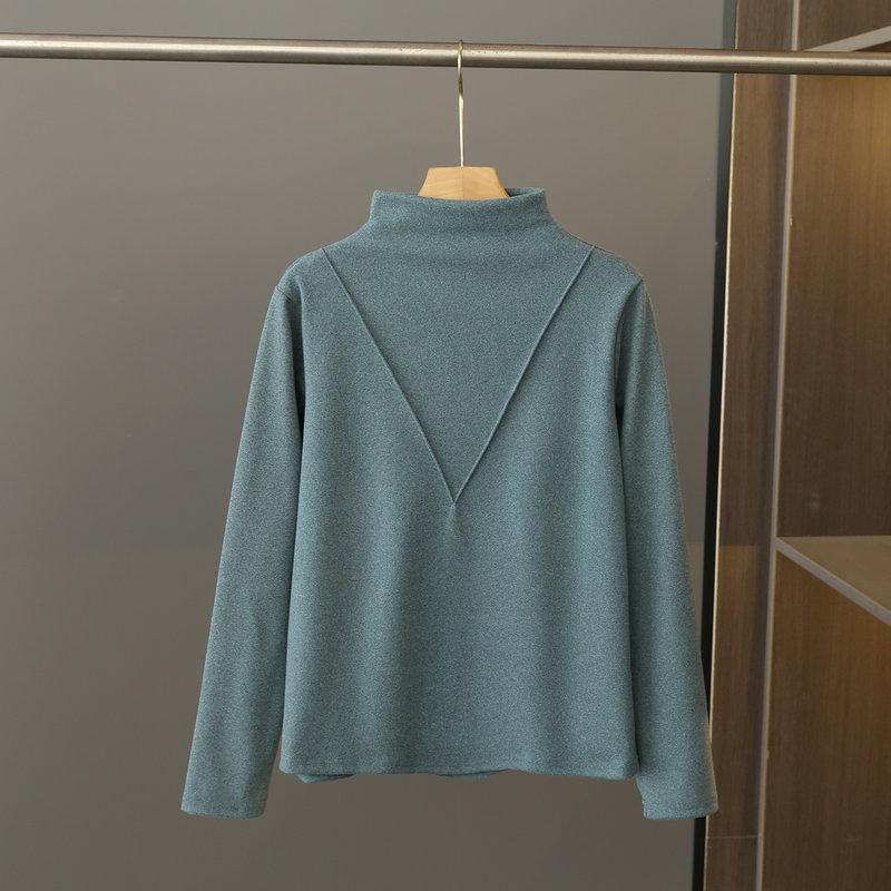 Women's Black Long-Sleeve Half-Turtleneck German Velvet Shirt - Stylish V-Cut Design for Autumn and Winter