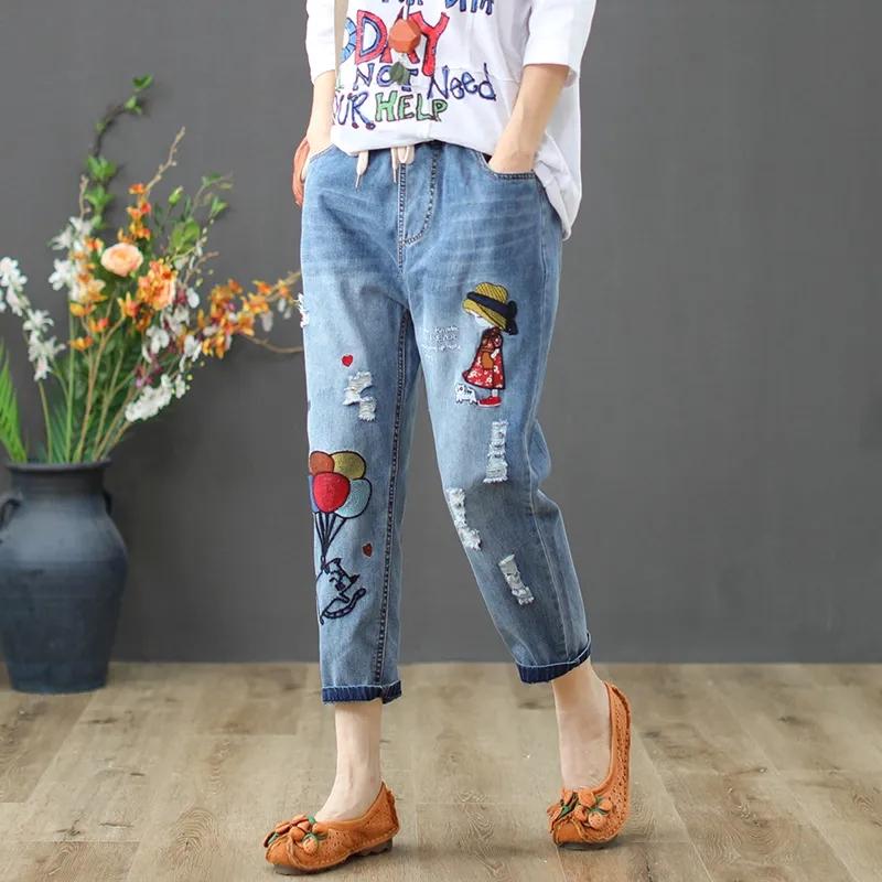 Embroidery Ankle-Length Baggy Jeans Elastic High Waist Capris Lace Up Harem Denim Pants Women Plus Size