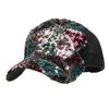 Fashion Ladies Mixed‑Color Sequin Trucker Cap, Geometric Lattice Mesh Back Peaked Hat, Adjustable Sun Protection Baseball Hat for Vacation Club