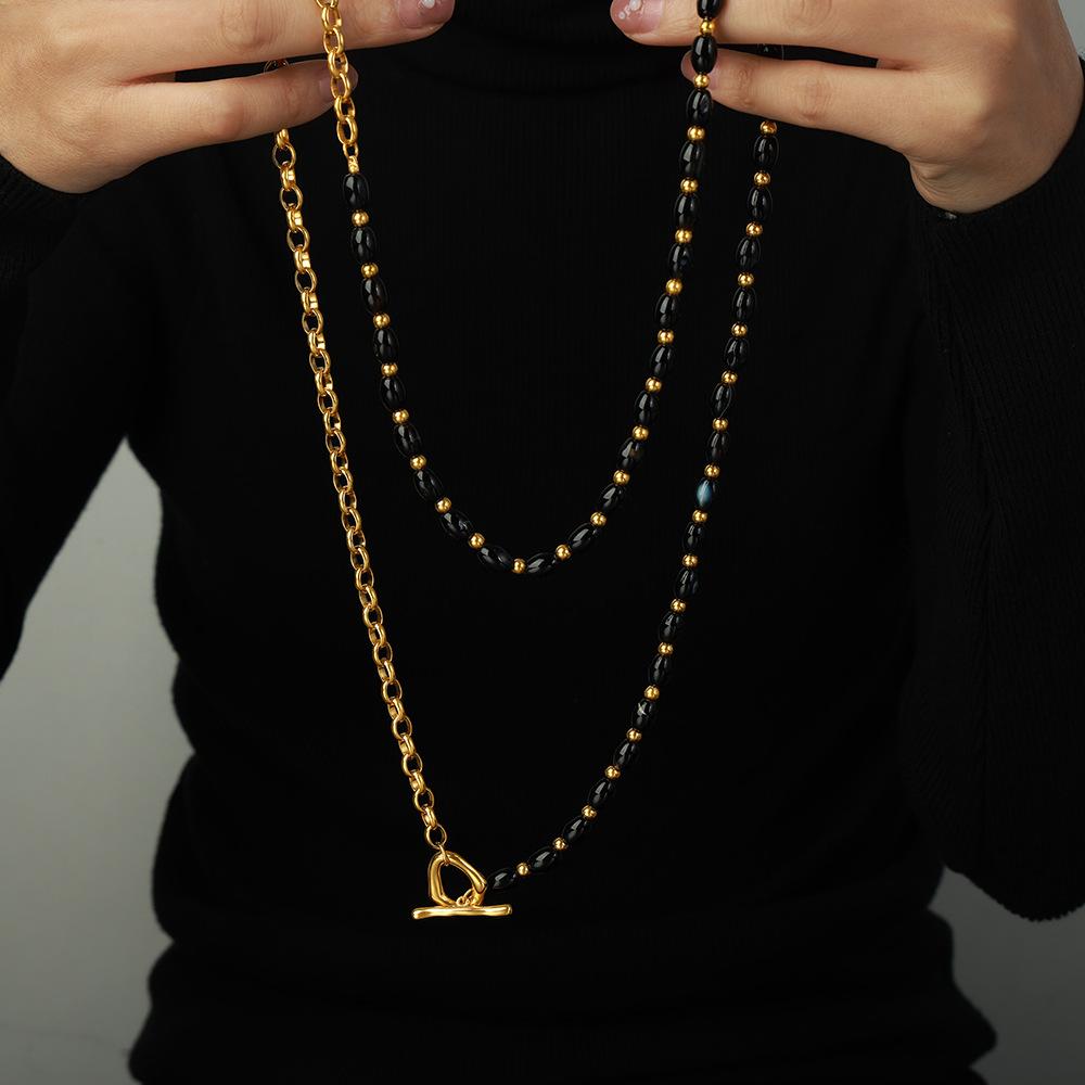 80cm Agate Beads Long Necklace For Women Stainless Steel 18K Gold Plated High Quality Women's OT Button Sweater Chain Necklaces