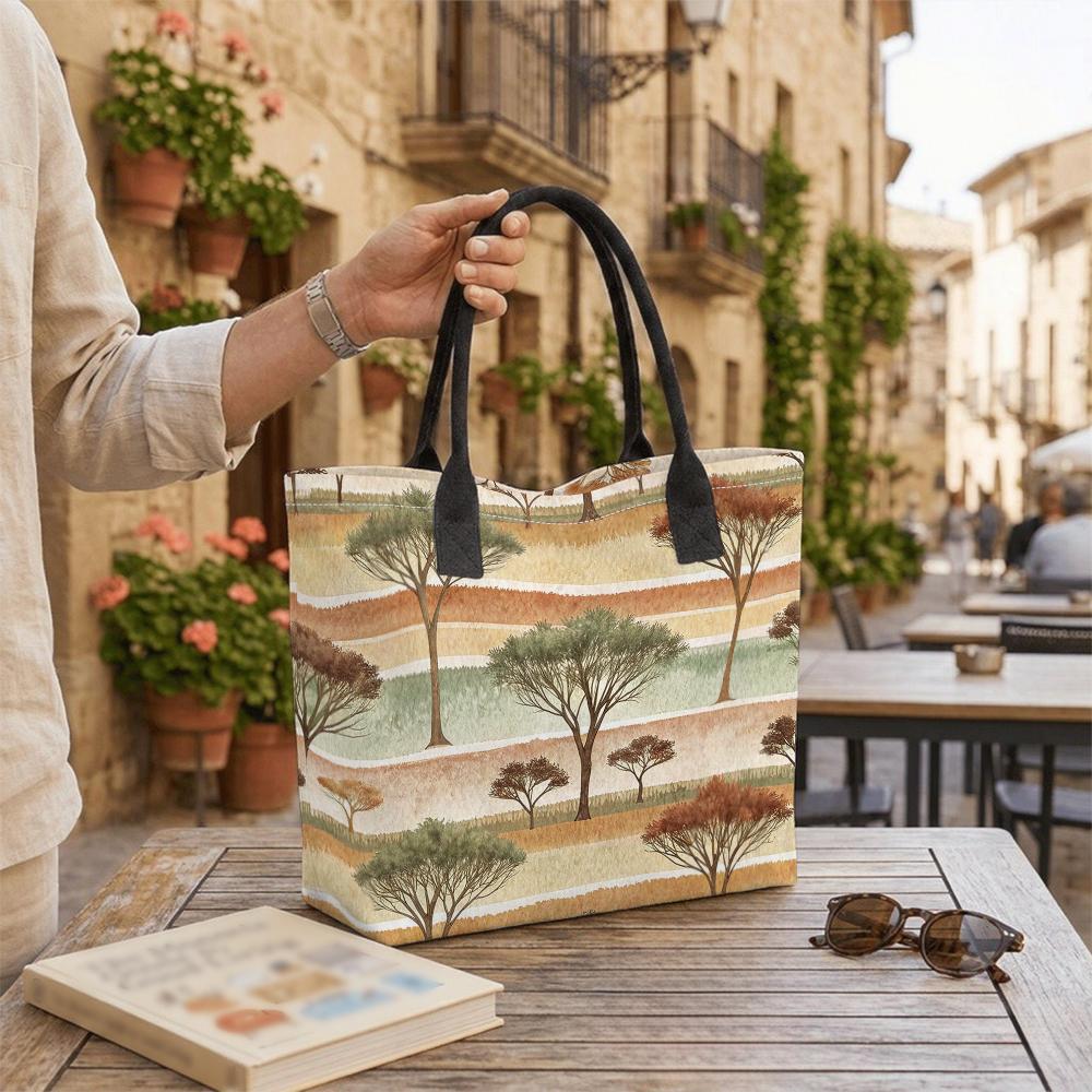 Watercolor Tree Print Canvas Tote Bag Portable Large Capacity Casual Daily Shoulder Handbag