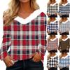 Women's Fashion Long Sleeve Plaid Print Fleece Collar V-Neck Top