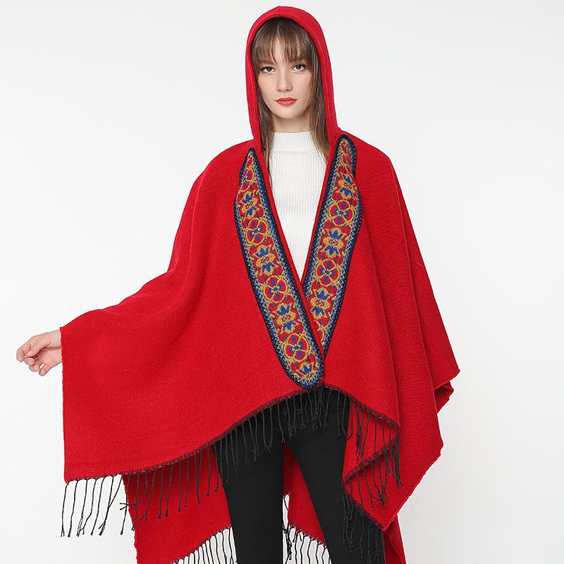 Autumn and Winter Style Imitation Cashmere Scarf, Women's Retro Fringed Embroidered Hat, Thickened Shawl, Cape