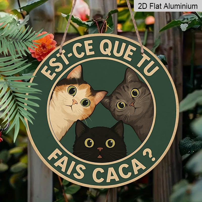 2D Flat, 1pc 7.87 Inch Round French Cat Aluminum Sign, "Did You Poop?" Vintage Decorative Plaque, Three Cats Playful French-Style Vintage Decor