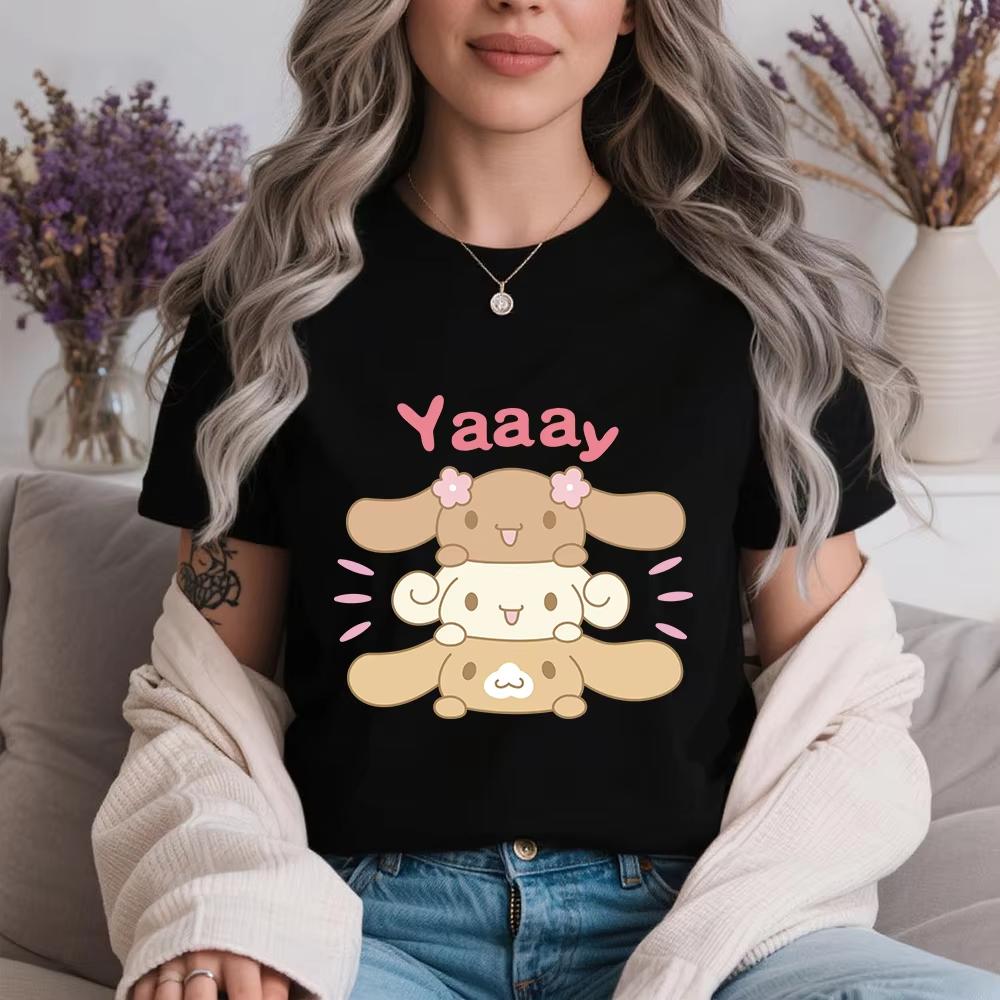 2026 Summer Cinnamoroll Yaaay Stack Print Casual Cotton T Shirt for Women Soft Breathable Daily Wear Summer Top