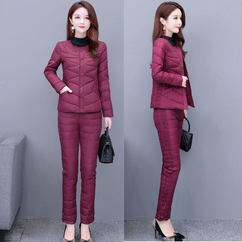 Winter Down Cotton Lined Slim Two Pieces Sets Warm O Neck Button Coat Ensemble High Waist Straight Pants Suits Snow Wear Outfit