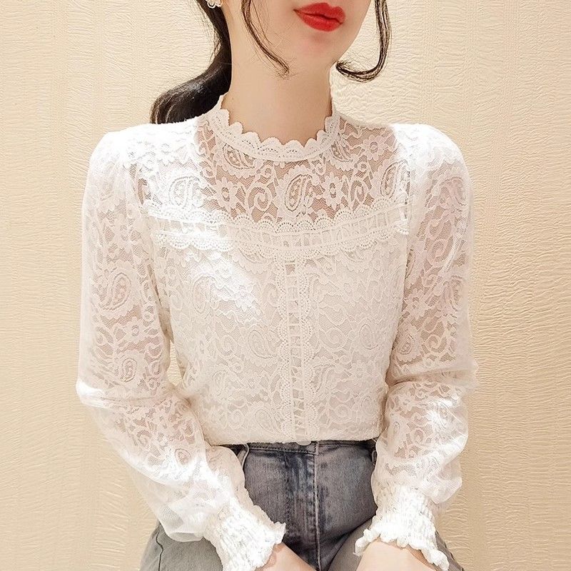 Кружевной базовый слой Женский Осенне-зимний Высококлассный Элегантный С длинным рукавом Круглый вырез Большой размер Женский топ