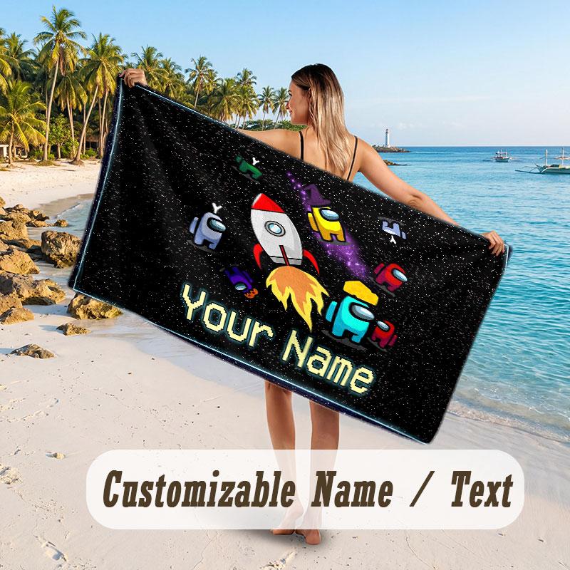 Personalized Beach Towel,Among Us Custom Printed Name Text, Super Absorbent Towel For Beach Vacation
