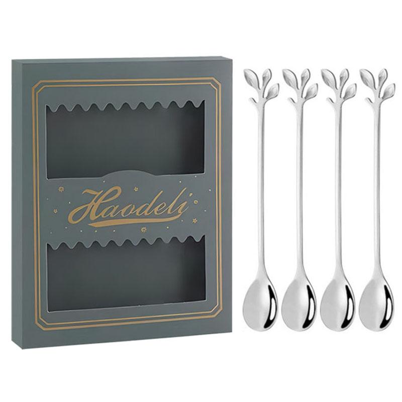 4PCS/Set 16.4 cm Stainless Steel Leaf Coffee Spoons Tableware Dessert Spoons for Stirring, Mixing, Stirring