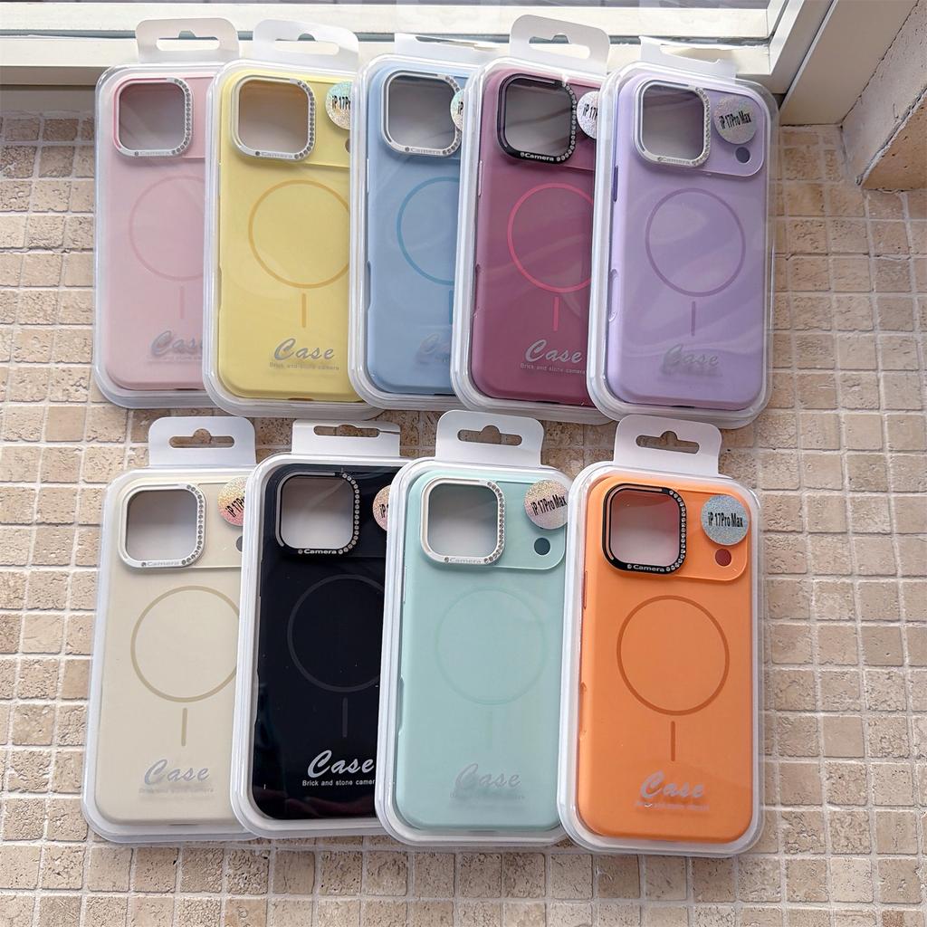 For iPhone 17 Pro Case Compatible with MagSafe Rhinestone Decor Lens Frame Silicone Phone Cover