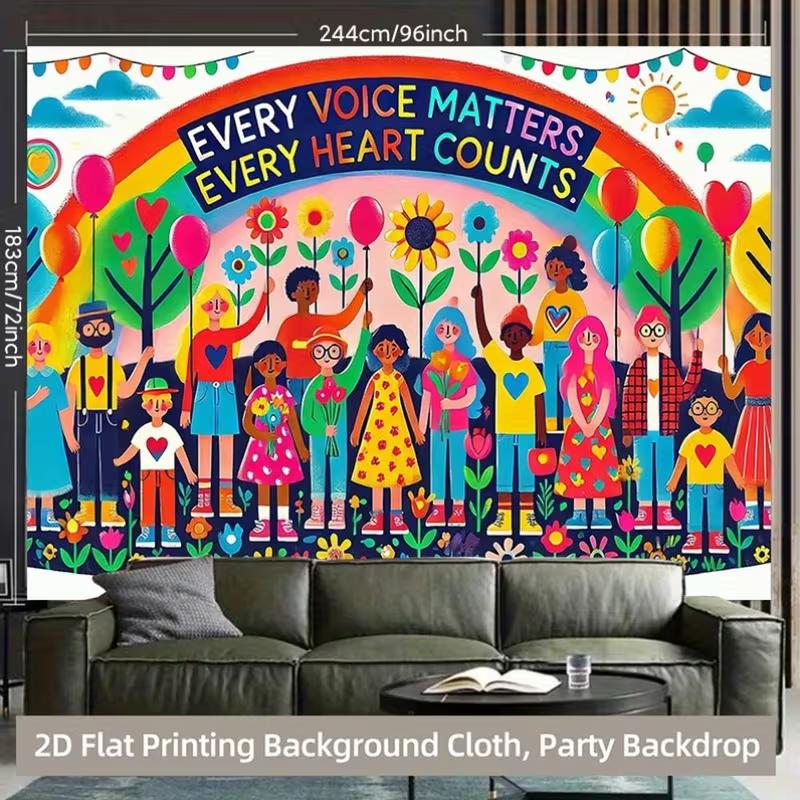 2D Multicultural Party Background, "Every Voice Matters" Rainbow Flower and Kids Decor Banner