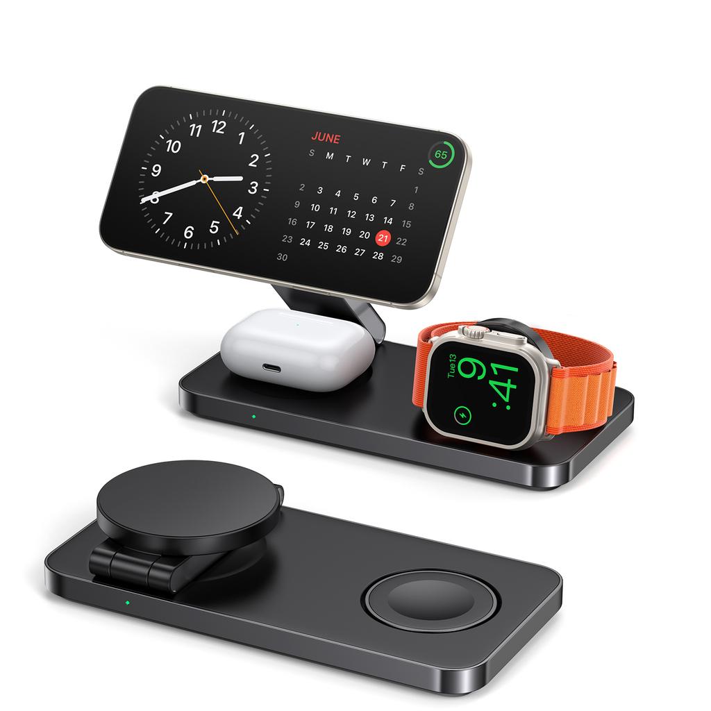 Магнитная подставка для быстрого беспроводного зарядного устройства 3 в 1, складная зарядная станция для iPhone 16, 15, 14, 13, 12, часов 9, 8, 7, 6, Airpods Pro