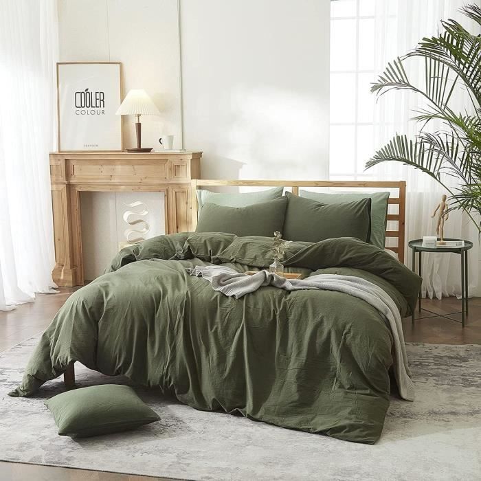 Housse de Couette - Sedefen - 220x240 cm - Vert Olive - Coton Lavé - 2 Taies 65x65 cm