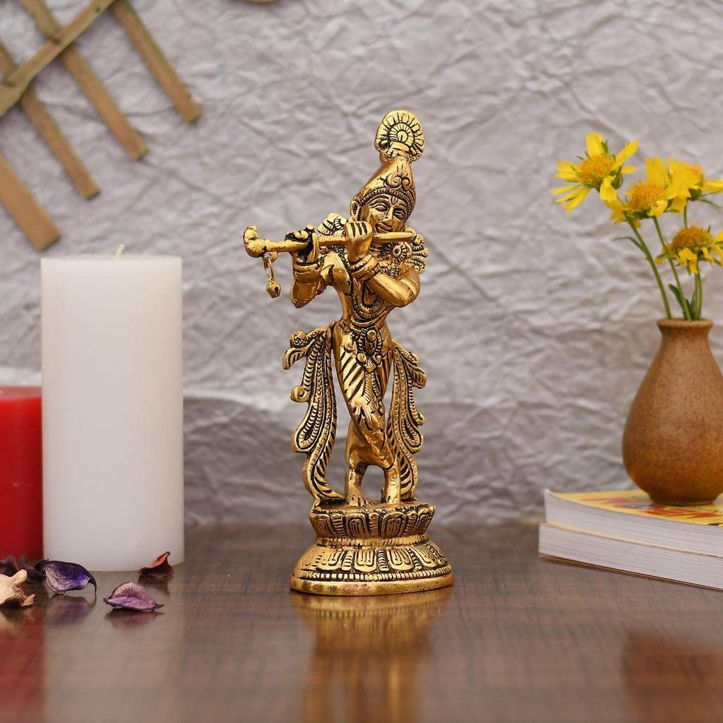 Lord Krishna Idol Statue Krishna Idols Gold Plated Flute Playing Krishan Decorative Showpiece Figurine for Pooja Room & Gift (Set of 1)
