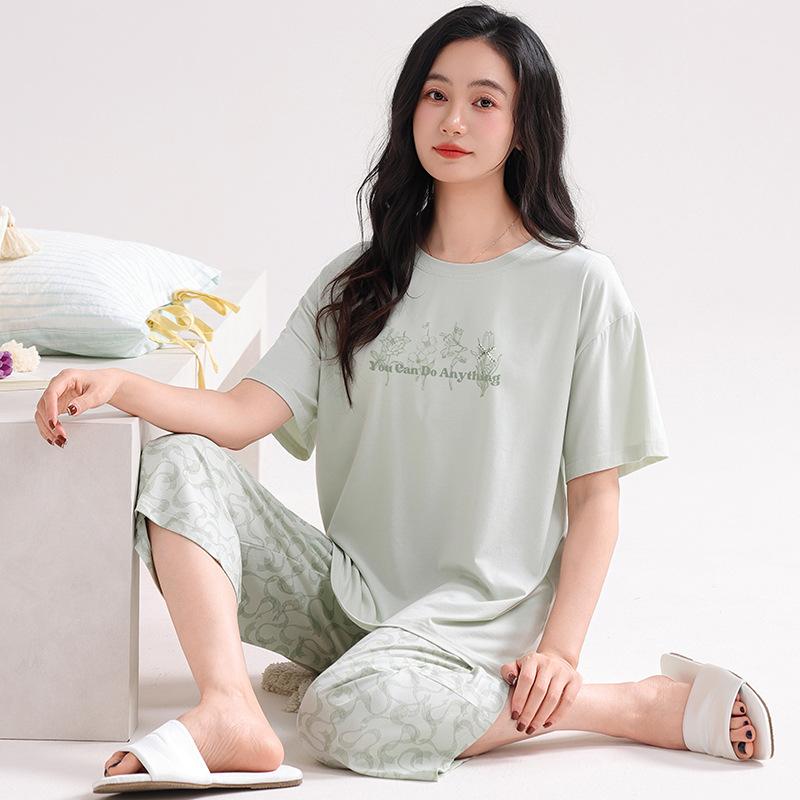 Pajamas women's 1011 new summer pure cotton summer casual short-sleeved cropped pants summer pink grid loungewear set