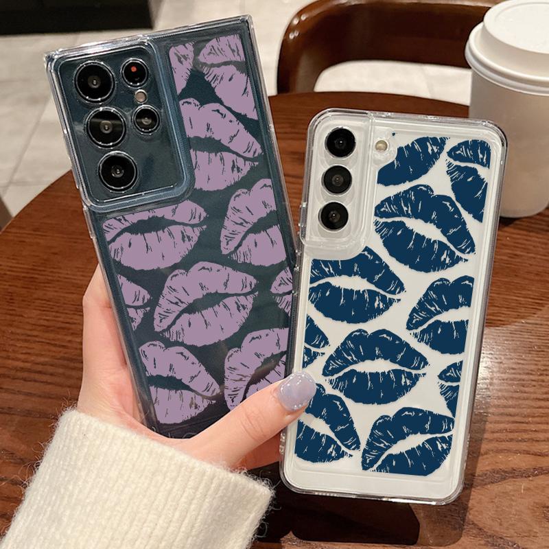 Противоударный силиконовый чехол для телефона Samsung S24 S23 Ultra S22 S21 Plus S20 FE A55 A54 A53 A52 A35 A34 A14, мягкий прозрачный чехол с цветным рисунком губ