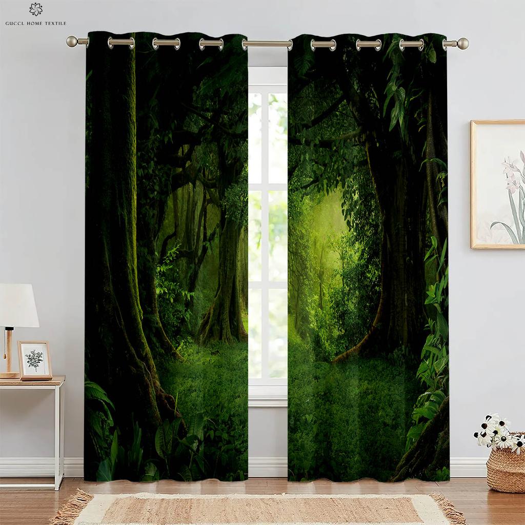 Шторы Misty Forest Green Autumn Woods с 3D-печатью, подходят для спальни, гостиной, кабинета, кухни, 2 шт.