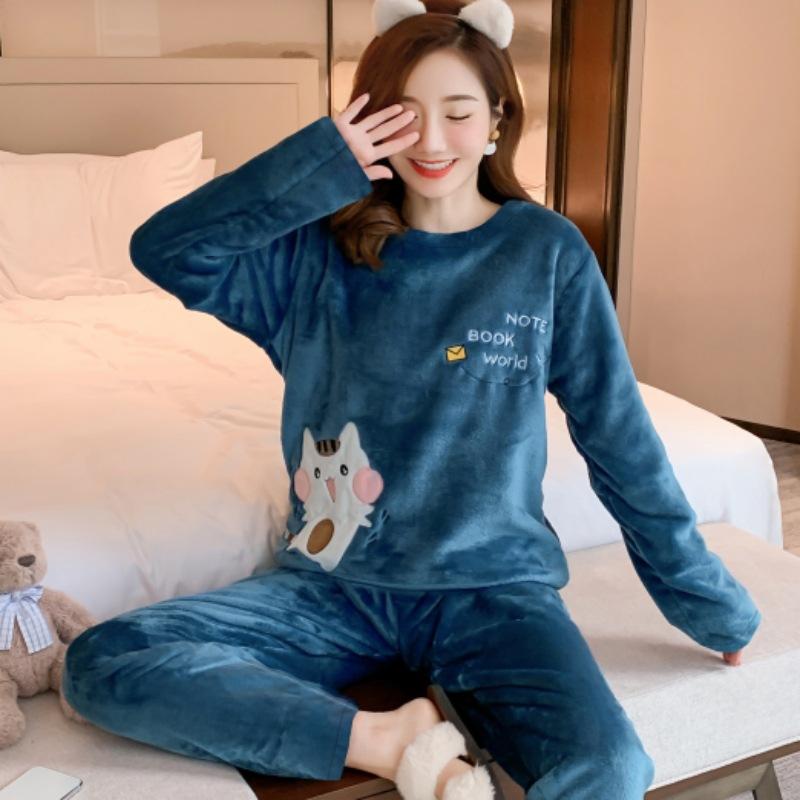 Утолщенная теплая фланелевая пижама, женский костюм с круглым вырезом и рисунком медведя из мультфильма, домашняя одежда для отдыха, женская одежда для сна, комплект из двух предметов