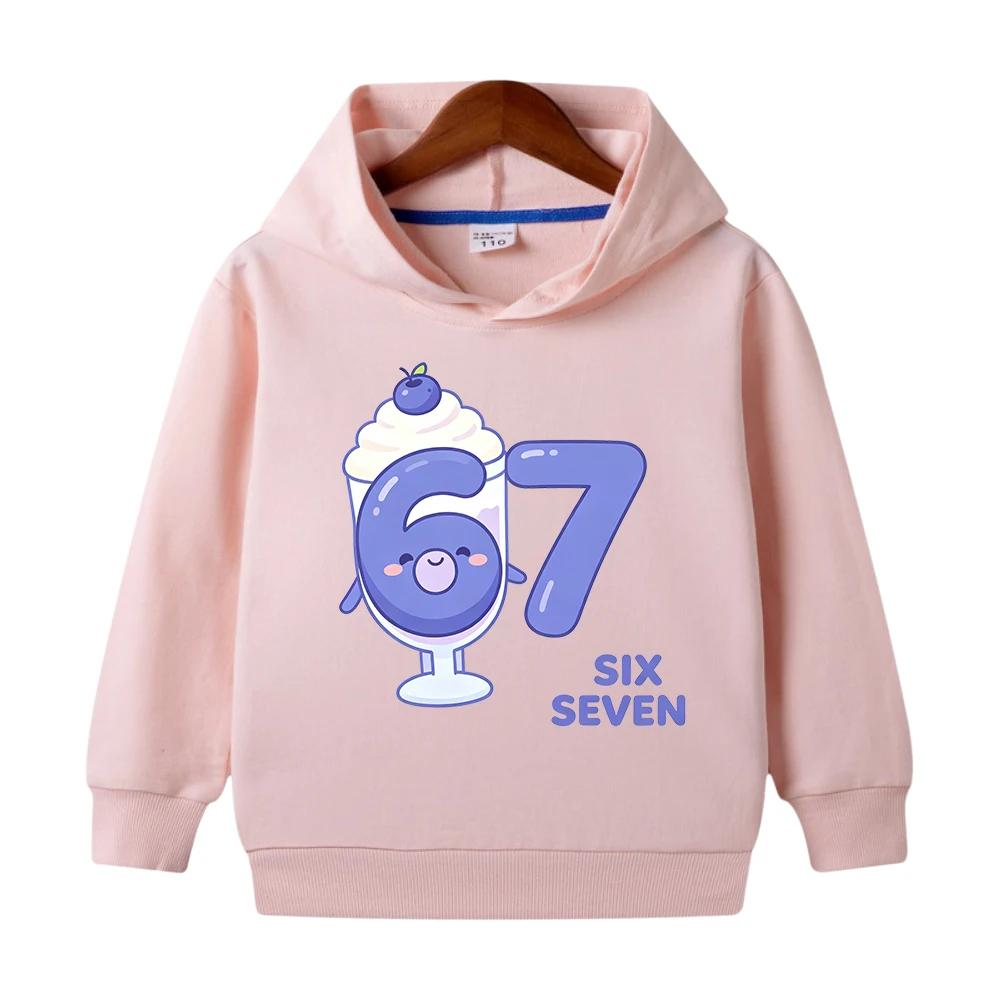 Comfortable long-sleeve hoodie for boys and girls, featuring a fun fruit pattern and "67 Six Seven" lettering.