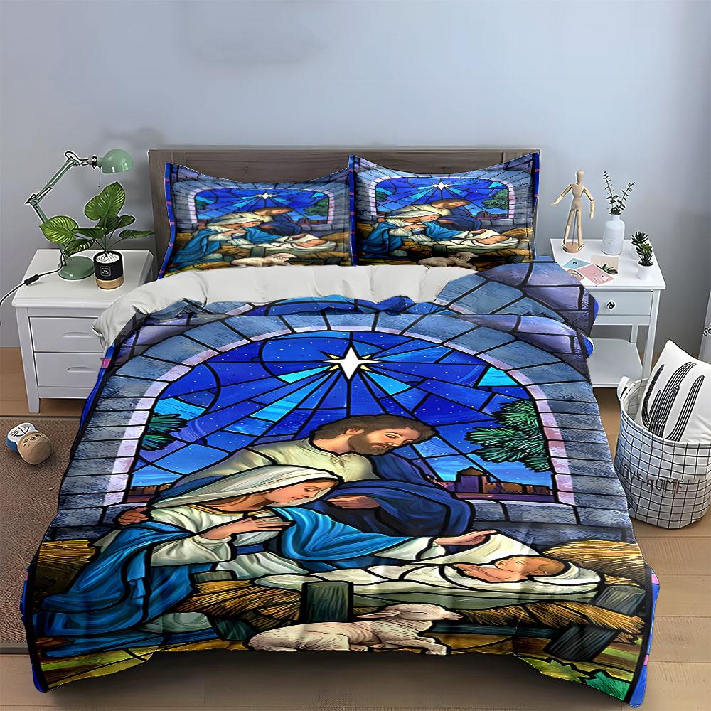 Nativity Stained Glass Bedding Set Bedding Duvet Cover Set Duvet Cover Pillowcases (1 * Duvet Cover 2 * Pillowcases, without duvet insert)