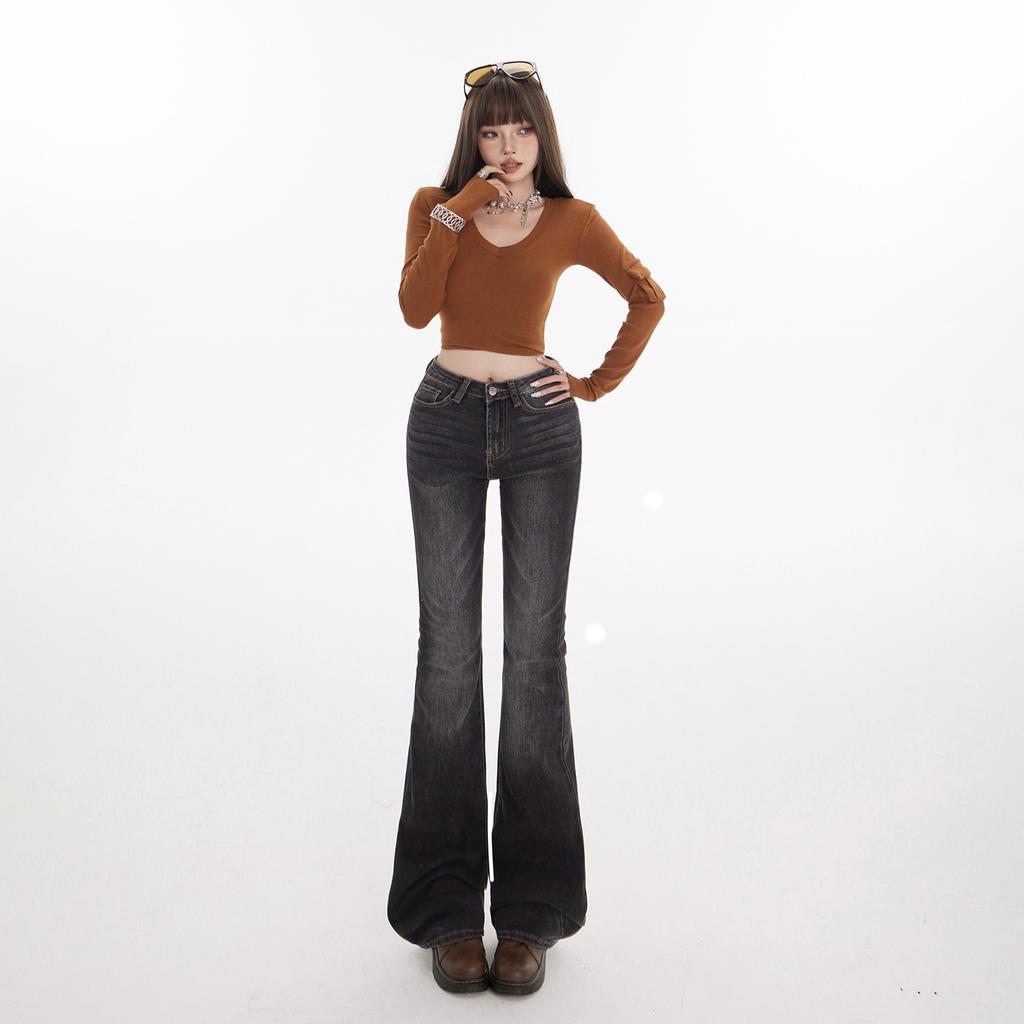 American Spice Girl Grey High Waist Micro Pull Jeans Women's Spring and Autumn New Elastic Slim Skinny Trumpet Pants