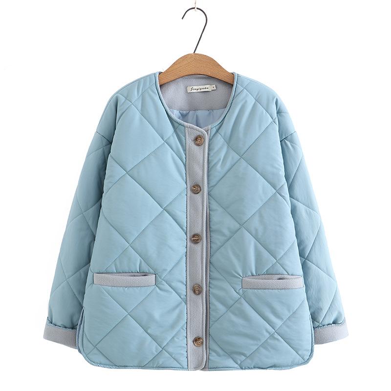 Парки Женская одежда Осеннее стеганое пальто Свободный крой Аргайл Сплайс О-образный вырез Длинный рукав Однобортная теплая куртка