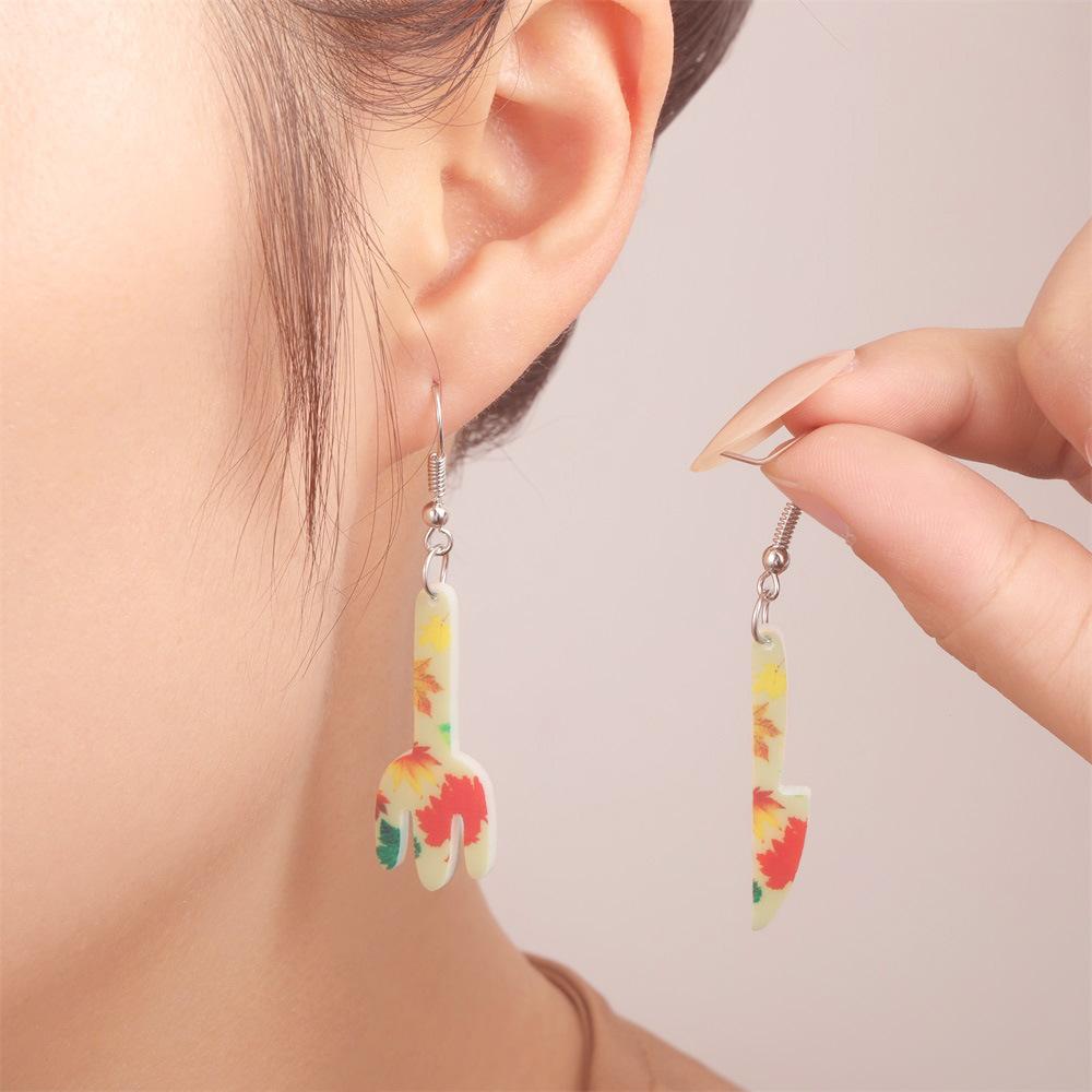 Серьги из акрила, полу-хостинг, экологичные, персонализированные серьги-нож и вилка с кленовым листом ко Дню Благодарения