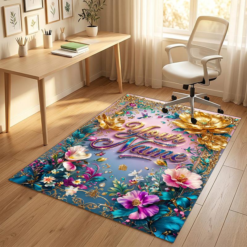 Floral Garden Theme Crystal Velvet Rug Personalized Custom Name Text Soft Floor Mat Home Decor