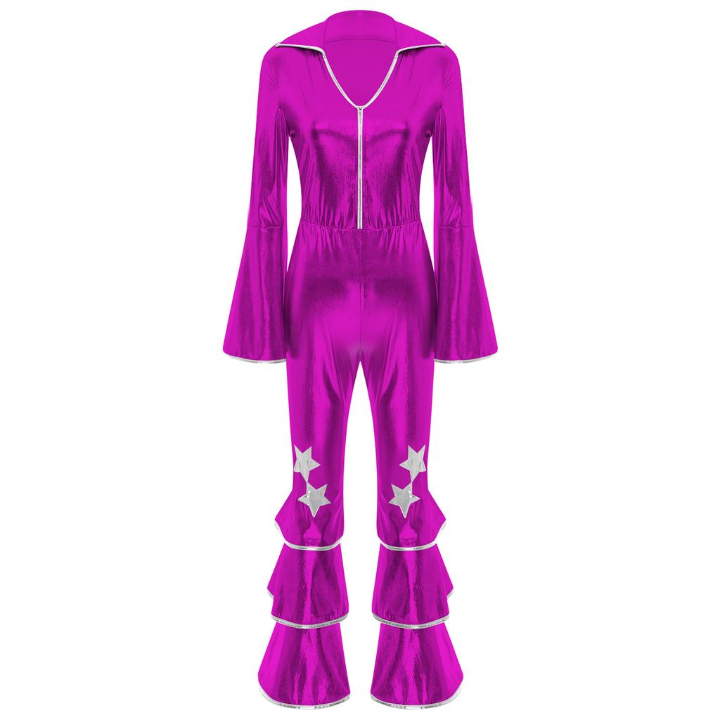 Womens 70s Retro Disco Long Sleeve Flared Jumpsuit Sparkle Costume