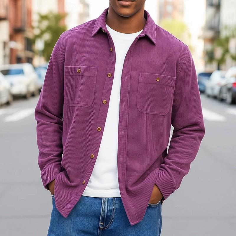 Осень Зима Мужская Однотонная Вельветовая Рубашка с Двойным Карманом на Пуговицах с Длинным Рукавом Повседневная