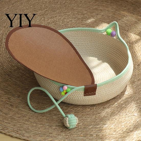 Indoor Cat House for Kittens Handwoven Cotton Rope Bed, Scratchable Sleeping Basket, Cute Ear Pet Basket Breathable Round Cats And Puppies Natural