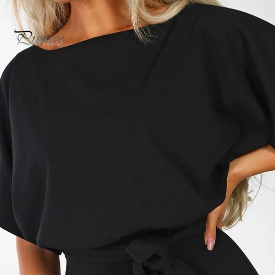 Женский комбинезон с поясом на шнуровке, широкие штанины, короткие рукава, однотонный цвет, О-образный вырез, высокая талия, повседневный деловой длинный комбинезон