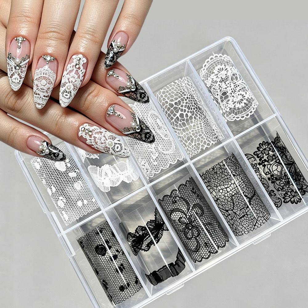 10Rolls Retro White Black Lace Transfer Nail Foil Stickers Lace Floral French Nail Decals Starry Sky Foils Nail Decorations T@2Y