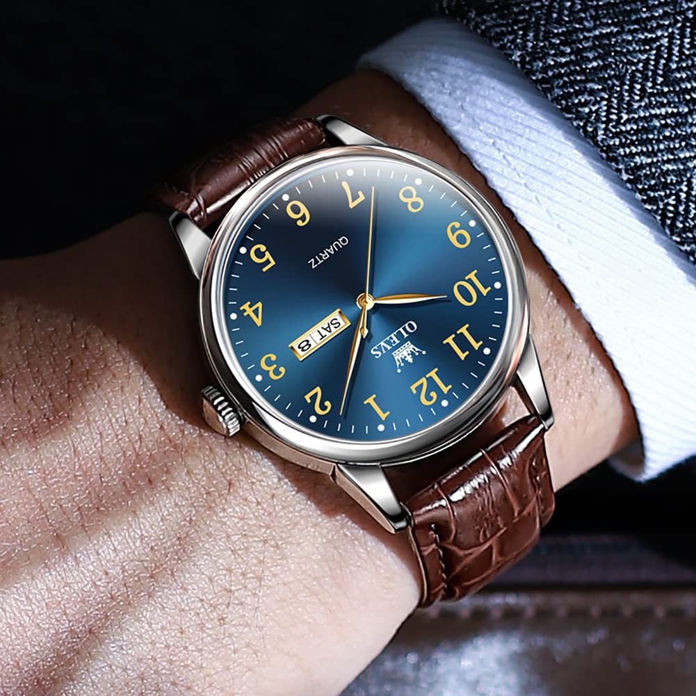 OLEVS Simple Stylish Waterproof Watch Date Analog Brown Leather Belt Watch Business Quartz Easy To Read Blue Dial Clock Gift Watch for Nam Casual