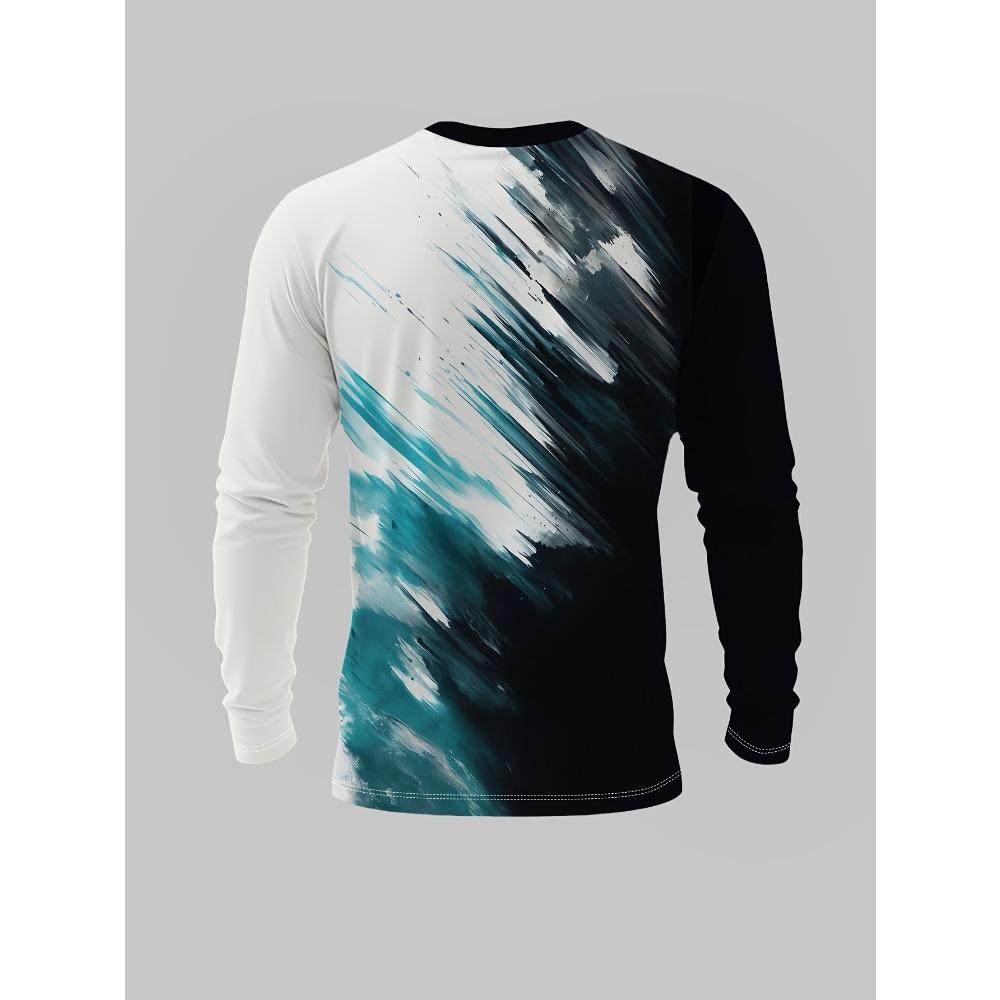 Abstract brushstrokes long-sleeved T-shirt, printed blue and blue black and white gradual change art pattern top