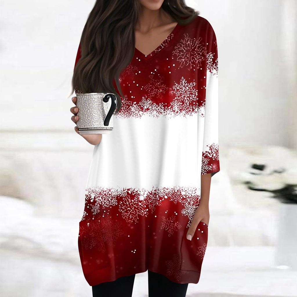 Womens Tops V-neck 3/4 Sleeve Blouses Casual Mid-length Shirts Fashion Christmas Print Tunic Tops With Pockets