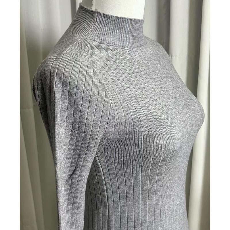 Women Autumn Winter Half High Collar Ribbed Knitted Sweater Solid Color Long Sleeve Slim-fit Pullovers