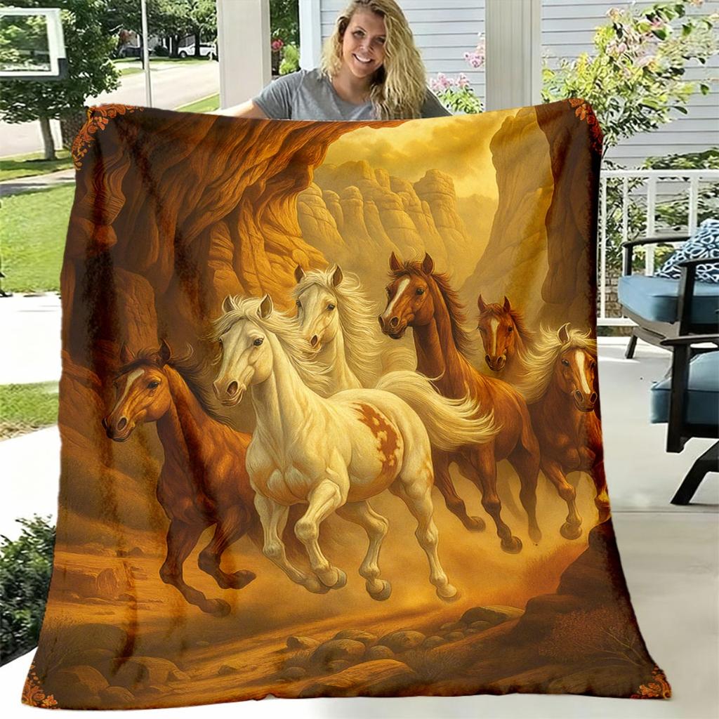 Luxury Galloping Horses Canyon Desert Flannel Blanket Soft Warm AllSeason Bedspread with White & Brown Horse Design, Contemporary Western Style for Wi